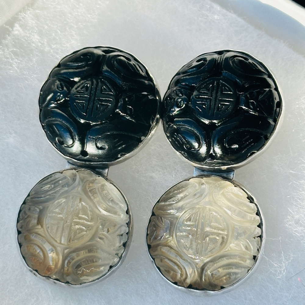 Rebecca Collin’s Carved Onyx and Crystal Sterling Silver Earrings